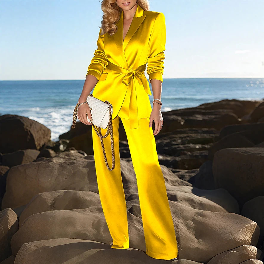 Champagne Satin None Button Peaked Lapel Woman Suits 2 Pieces Blazer+Pants Set Formal Party Sets Office Lady Daily Sets