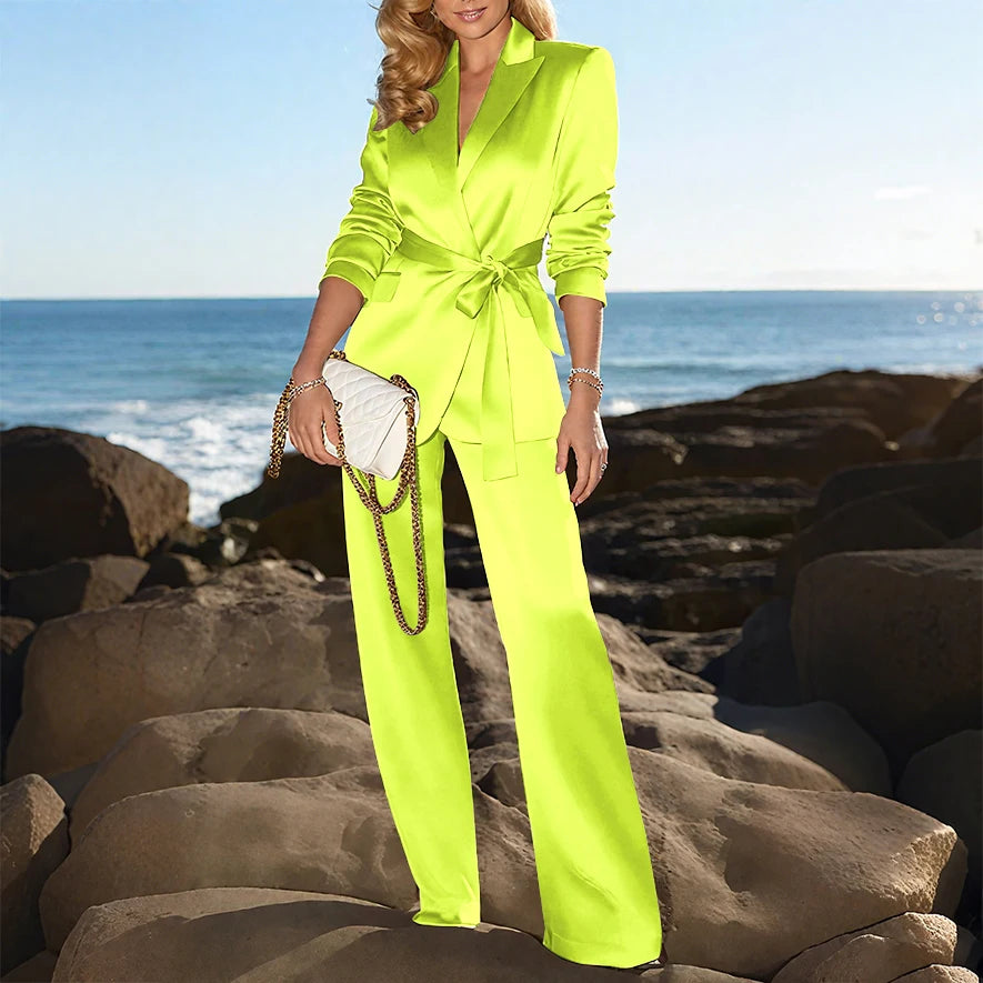 Champagne Satin None Button Peaked Lapel Woman Suits 2 Pieces Blazer+Pants Set Formal Party Sets Office Lady Daily Sets