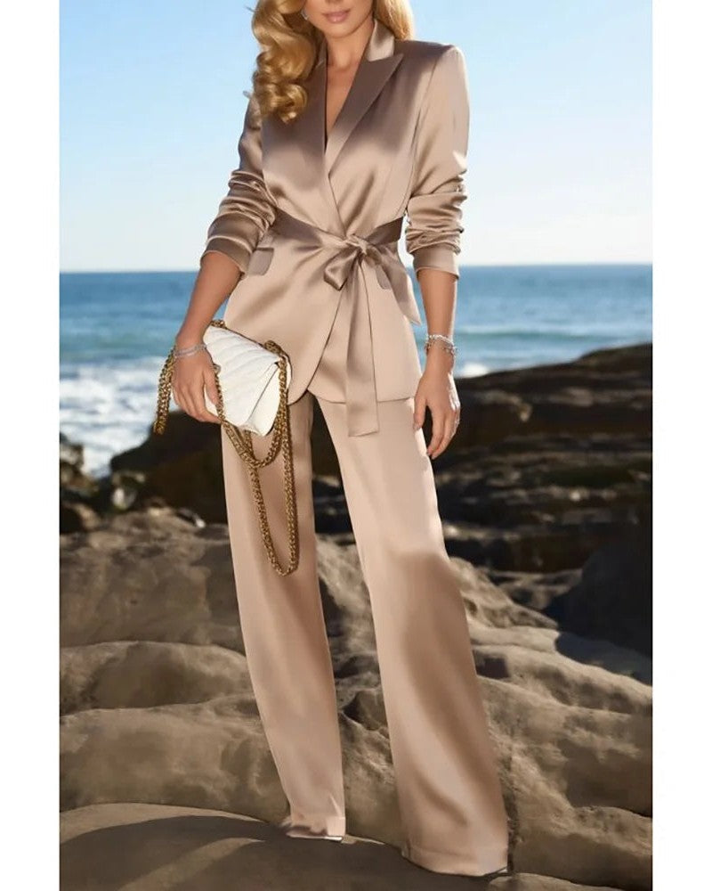 Champagne Satin None Button Peaked Lapel Woman Suits 2 Pieces Blazer+Pants Set Formal Party Sets Office Lady Daily Sets