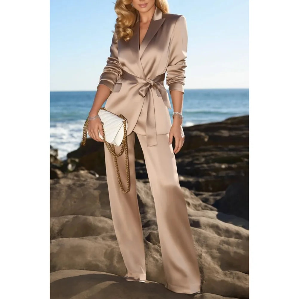 Champagne Satin None Button Peaked Lapel Woman Suits 2 Pieces Blazer+Pants Set Formal Party Sets Office Lady Daily Sets